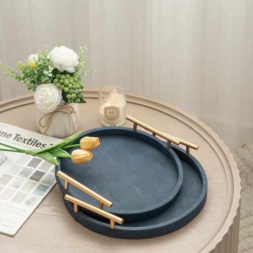 Modern Decorative Serving Tray, Round Shagreen Tray with Gold Polished Metal Handles, Decorative Trays Coffee Table Ottoman Trays for Living Room Bathroom Home Decor, Set of 2 (Blue) - Image 6