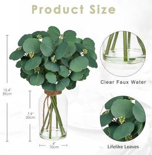 Fake Real-Touch Eucalyptus in Glass Vase with Faux Water – Realistic Faux Greenery Decor, 15.4" Tall, Artificial Silver Dollar Eucalyptus Arrangement for Home, Farmhouse, Kitchen, Bathroom, Office - Image 2