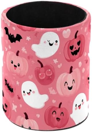 Leather Pen Holder for Desk, Pink Pumpkin Ghost Pencil Cup Pen Organizer Makeup Brush Holder for Office Home Kids Countertop Desk Accessory Storage by Unknown