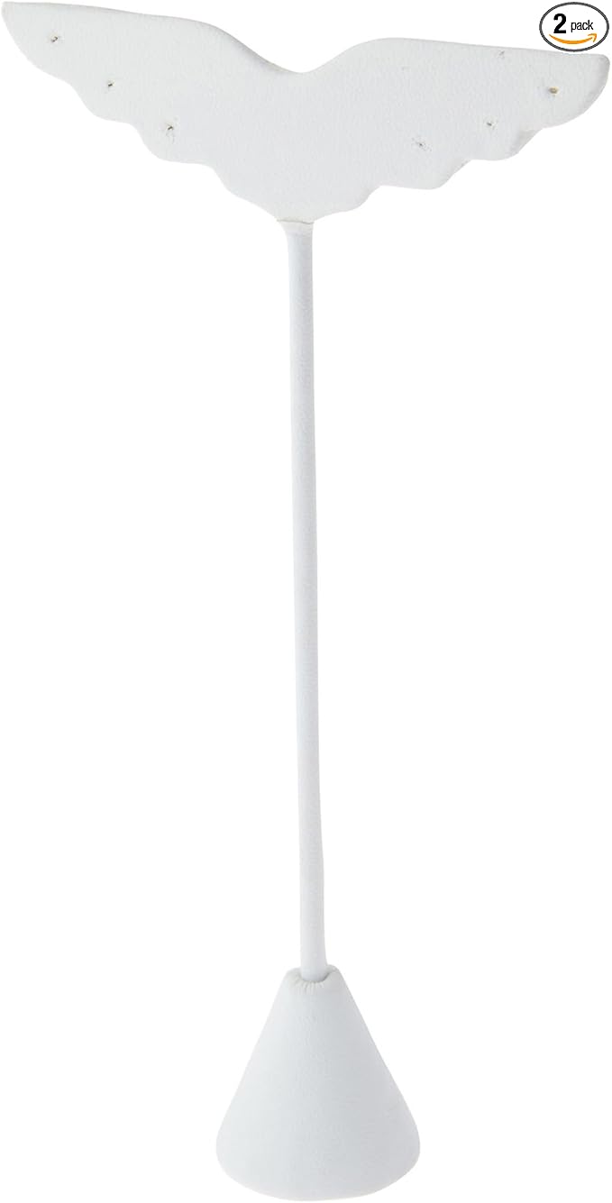 Plymor White Faux Leather Wing Shaped, Three Pair Earring Display Stand, 3" W x 1.25" D x 6.75" H (Pack of 2)