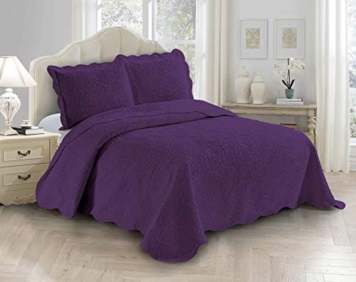 Fancy Linen 3pc Embossed Coverlet Bedspread Set Oversized Bed Cover Solid Floral Daisy Pattern New # Allis (Full/Queen, Purple) by Fancy+Linen