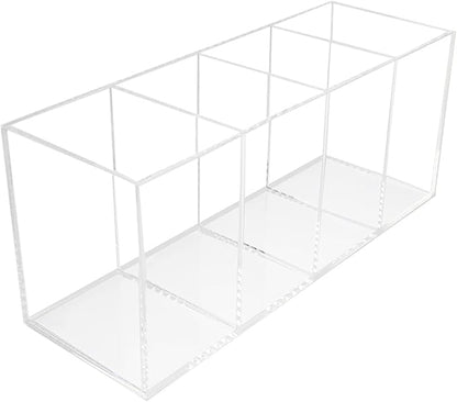 QPEY Large Acrylic Pen Holder 4 Compartments,Clear Pen Holder Organizer Makeup Brush Holder for Office Desk Accessories,Cosmetic Brush Storage Box,Dorm,Bathroom,Kitchen (Clear)