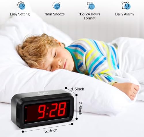 Digital Alarm Clock Battery Operated with LED Display for Bedrooms, Long Battery Life for 12 Months, 3 Brightness Adjustable, 12/24 Hour, Snooze, Black Case with Red Digits - Image 2