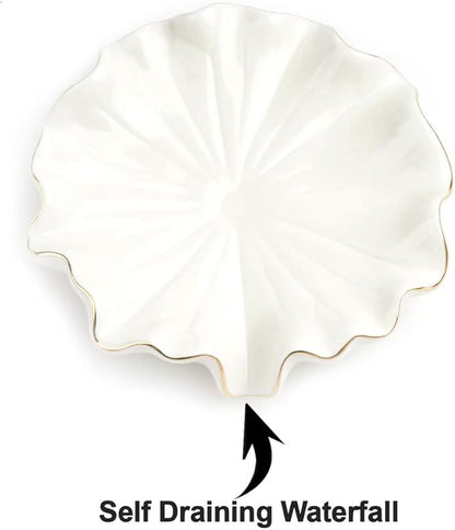 Soap Dish with Drain Ceramic White Lotus Leaf Soap Holder Soap Saver for Bar Soap, Kitchen Sink, and Bathroom Shower