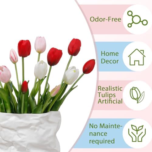 15 Pcs White-Light Pink-Red Artificial Tulips Fake Flowers, Premium Latex Lifelike Texture, UV Resistant Waterproof Faux Tulip Bouquets with Snap-on Petals for Outdoor, Home, Wedding Decor - Image 2