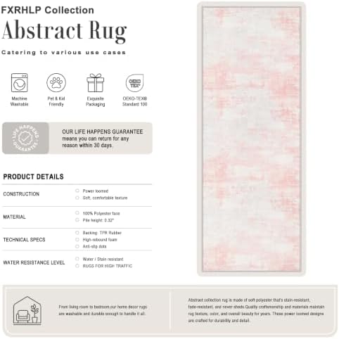 2.6x14 Washable Runner Rug:Modern Abstract Soft Carpet Pink White - Image 2