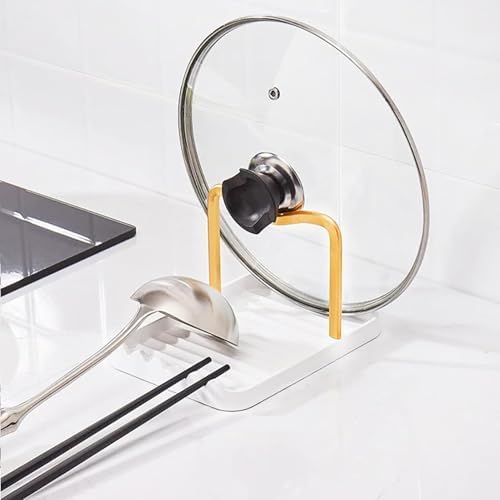 Spoon Rest with Lid Holder, Stainless Steel Lid Holder While Cooking & Organizer with Detachable Drain Tray, Anti-Rust Countertop Space Saver for Spoons, Spatulas (White Gold)