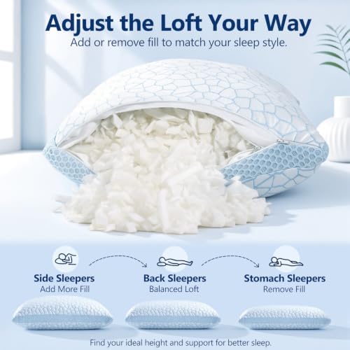 QUTOOL Enhanced Cooling Pillows for Sleeping, CertiPUR-US Shredded Memory Foam Pillows King Size Set of 1 for Hot Sleeper, Adjustable Bed Pillow for Side, Back, Stomach Sleepers Support Yet Soft, Blue - Image 3
