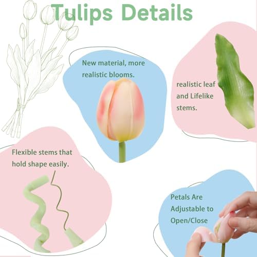 15 Pcs Meat Pink Artificial Tulips Fake Flowers, Premium Latex Lifelike Texture, UV Resistant Waterproof Faux Tulip Bouquets with Snap-on Petals for Outdoor, Home, Wedding Decor - Image 3
