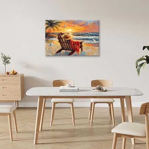 Beach Coastal Bathroom Pictures Wall Art, Seaside Ocean Bathroom Wall Decor, Sunrise Palm Framed Painting Canvas Artwork for Bedroom Living Room Decorations 24" L x 16" W - Image 3