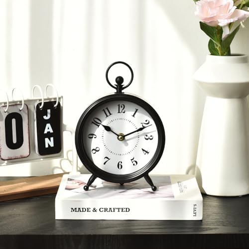 Vintage Black Table Clock on Stand, Decorative Desk and Shelf Clock，Decorative Battery Operated Table Top Clock for Living Room，Silent Non-Ticking(Small) - Image 2