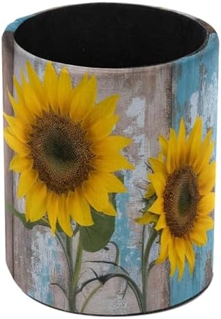 Faux Leather Pen Holder for Desk, Pencil Organizer Farmhouse Sunflowers Pen Cup Desk Decor Makeup Brush Holder Storage for Office Home by DragonBtu