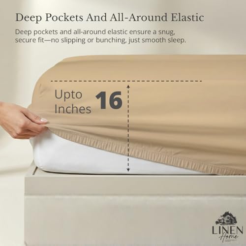 Linen Home 100% Cotton Percale Twin Size Fitted Sheet only, Light Taupe - Image 2