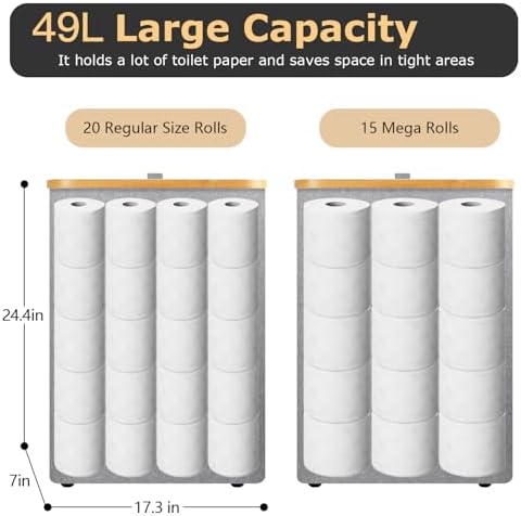 Extra Large Toilet Paper Storage Basket with Lid 49L Slim Toilet Paper Basket Holder Bin Container Organizer for Bathroom Hold up to 20 Regular Rolls or 15 Mega Rolls - Image 2