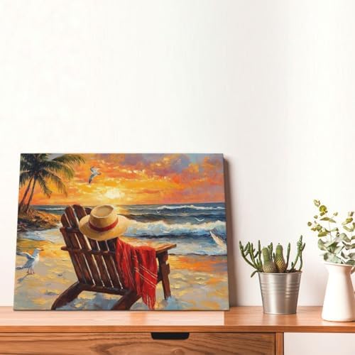 Beach Coastal Bathroom Pictures Wall Art, Seaside Ocean Bathroom Wall Decor, Sunrise Palm Framed Painting Canvas Artwork for Bedroom Living Room Decorations 16" L x 12" W - Image 2