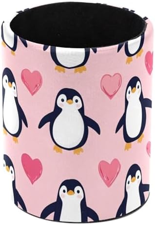 Leather Pen Holder for Desk, Pink Penguins Pencil Cup Pen Organizer Makeup Brush Holder for Office Home Kids Countertop Desk Accessory Storage by Unknown
