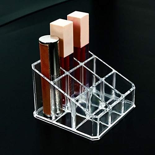 Acrylic Makeup Organizer Cosmetic Storage Display Case Makeup Brush Holder Organizer Lipstick Dispenser Canister Bathroom Container (3.5 x 3.5 x 2.6 in, 9 Partitions, Transparent)
