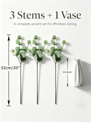 Faux Eucalyptus Stems with White Ceramic Vase for Home Decor - Image 2