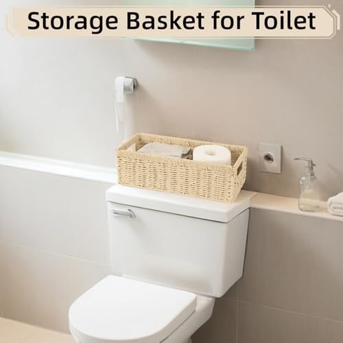 2 Pack Paper Rope Wicker Baskets with Handles, Storage Wicke Baskets for Shelves Organizing, Natural Color Toilet Basket Tank Topper, Small Woven Baskets for Storage, 14.17x6.1x4.72in - Image 6