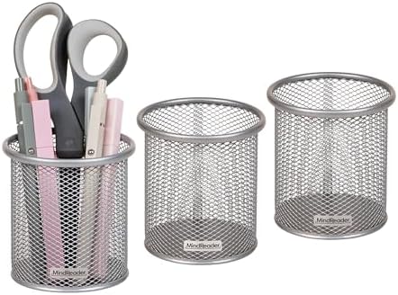 Mind Reader Pen and Accessories Holder, Desktop Organizer, Office, Metal Mesh, 3.5"L x 3.5"W x 3.75"H, Set of 3, Silver by MindReader