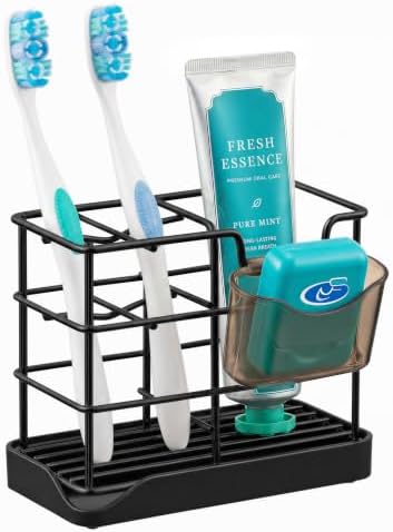 HBlife Toothbrush Holders for Bathrooms Black, Small Stainless Steel Bathroom Toothbrush Holder with Tray, Bathroom Accessories and Apartment Essentials by HBlife
