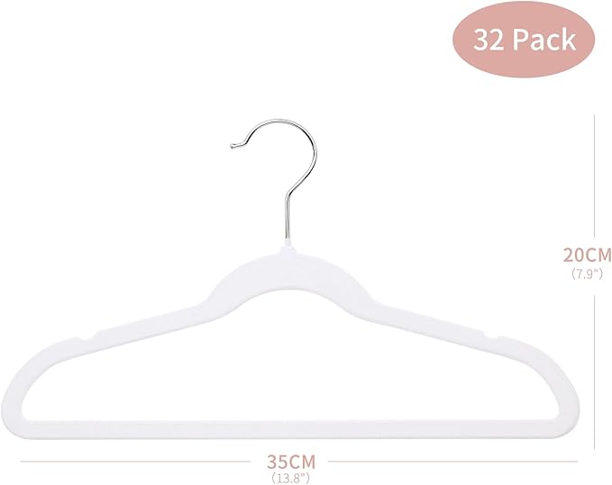 ManGotree 14 Inch Kids Velvet Hangers for Closet, Ultra-Thin Space Saving Children's Clothes Hangers, Non-Slip Felt Toddler Hanger for Youth's Clothes (32 Pack, White)