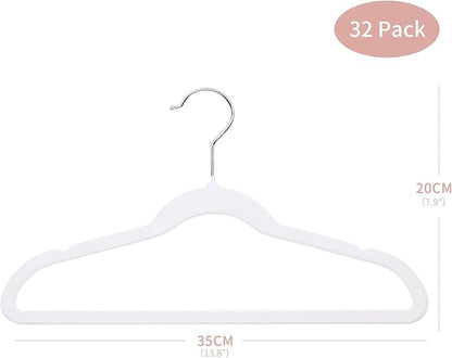 ManGotree 14 Inch Kids Velvet Hangers for Closet, Ultra-Thin Space Saving Children's Clothes Hangers, Non-Slip Felt Toddler Hanger for Youth's Clothes (32 Pack, White)