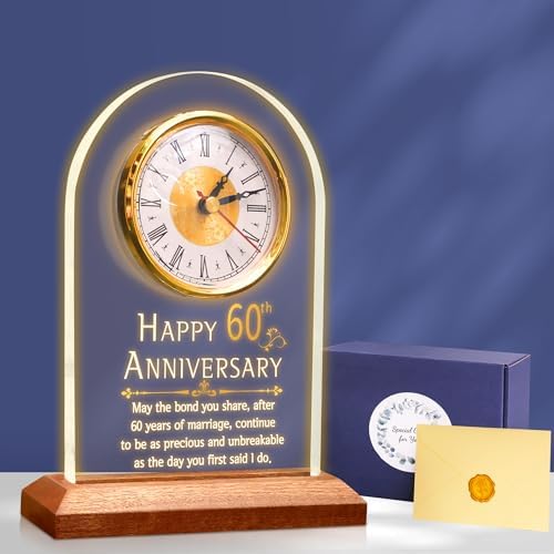 OkiyiD 60th Anniversary Wedding Gift, Anniversary Quartz Clock, Desk Table Clock, 60 Years of Marriage, Golden Wedding for Couple, Parents, Grandparents (Wooden Base with LED Light) by OKiyiD