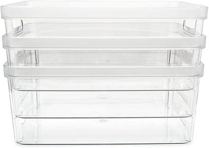 Isaac Jacobs 3-Pack Medium Clear Storage Bins (8” L x 10” W x 4.25” H) w/Cutout Handles, Plastic Organizer for Home, Office, Kitchen, Fridge/Freezer, Bathroom, BPA Free, Food Safe (3-Pack, Medium)