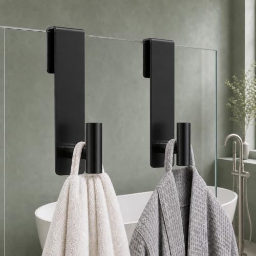 Shower Door Hooks, Heavy Duty Rack Hooks for Robe, Stainless Steel Towel Hooks for Bathroom, Fits Frameless Glass Shower Doors up to 3/8" (10mm) Thick (Black, 2 Pack) - Image 5