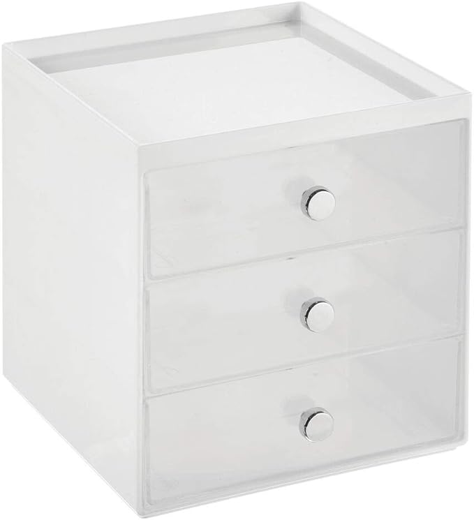 mDesign Makeup Organizer Storage Station Cube with 3 Drawers for Bathroom Vanity, Cabinet, Countertops - Holds Lip Gloss, Eyeshadow Palettes, Brushes, Blush, Mascara - White/Clear