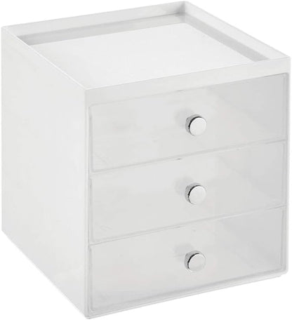 mDesign Makeup Organizer Storage Station Cube with 3 Drawers for Bathroom Vanity, Cabinet, Countertops - Holds Lip Gloss, Eyeshadow Palettes, Brushes, Blush, Mascara - White/Clear