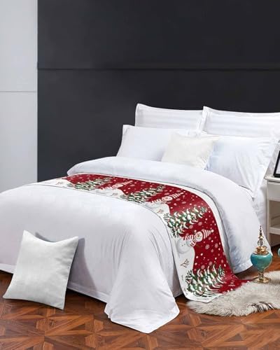 Christmas Tree Snowman Snowflakes Bed Runners for Bedroom Hotel,Decorative Bedding Scarf Red White Bed End Blanket Bedding Runner Scarves for Twin Size Bed,71x20in - Image 4
