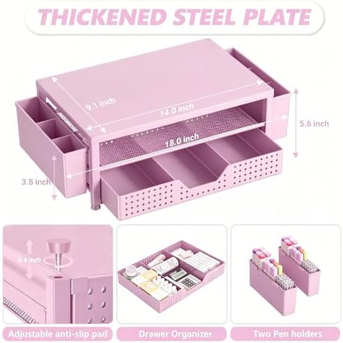 OPNICE Desk Organizers and Accessories, Computer Monitor Stand Riser with Drawer and 2 Pen Holders, Printer & Laptop Stand, Office Desk Accessories & Workspace Organizers for Home Office Supplies, Pink - Image 7