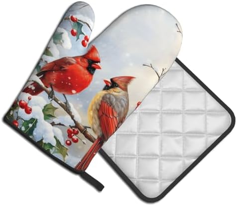 Vintage Winter Oven Mitts and Pot Holders Sets Classic Red Bird Prints Oven Mitts Heat Resistant Snow Tree Kitchen Gloves Hot Pads Two Piece Set for Cooking Baking Grilling BBQ - Image 2