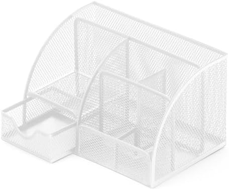 Boutilon Mesh Desk Organizer Desktop Office Supplies Stationary Organizer with 6 Compartments and 1 Drawer Multi-Functional Caddy Pen Holder for Home Office School Desk Decor(White) by Boutilon