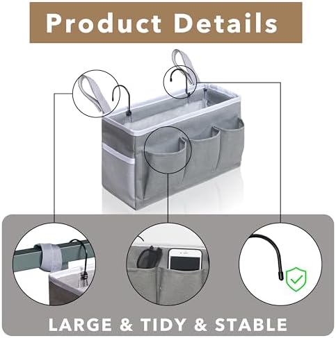 Kanrichu Bedside Caddy Hanging Storage Bag, Organizer Baskets with Pockets for Bunk Bed Accessories, Loft & Dorm Rooms Chair Bed Rails (Gray) - Image 5