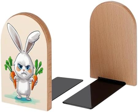 Book Ends Rabbit Carrots Wood Bookends for Shelves to Hold Books Heavy Duty Non-Skid Book Stoppers Wood Decorative Home Office School - Image 2