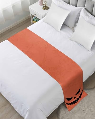 Halloween Black Ghost Scary Face Bed Runners for Bedroom Hotel,Decorative Bedding Scarf Horror Element on Orange Bed End Blanket Bedding Runner Scarves for King Size Bed,102x20in by ZFUNCING
