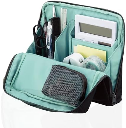 KOKUYO Pencil Case Pouch, Haco-Biz Standing Pen Pouch Bag, Foldable Stand up Pencil Holder Organizer, Large Capacity Portable Pencil Box for Office Supplies, Black x Green (KAHA-HB11D) by KokuyoUS