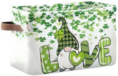 St Patrick's Day Gnome Storage Basket - Shamrock Clovers Cute Fabric Laundry Shelf - Large Foldable Storage Box Cube With Handle - Closet Bin Organizer for Kids Toys Cloth Bedroom