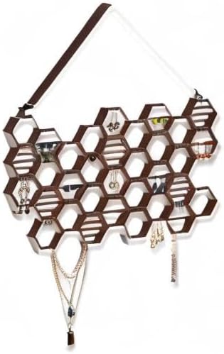 Heesch Honeycomb Earring Organizer Wall Mount Display Wood Hanging Jewelry Organizer for Stud Earrings, Necklaces (Walnut)