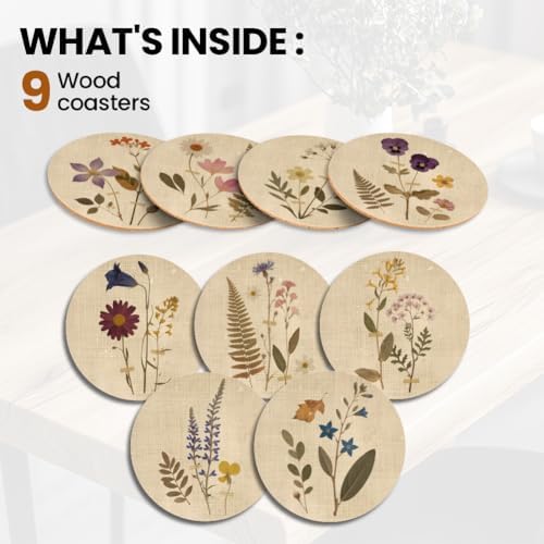 ANATTASOUL Vintage Flowers & Plants Wooden Coasters Set of 9 Bulk(3.9") - Image 4