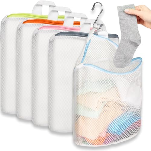 5Pcs Hanging Laundry Bags for Socks with S Hooks,12 X 10 inch 5 Color Mesh Laundry Bags for Washing Machine by Cociat