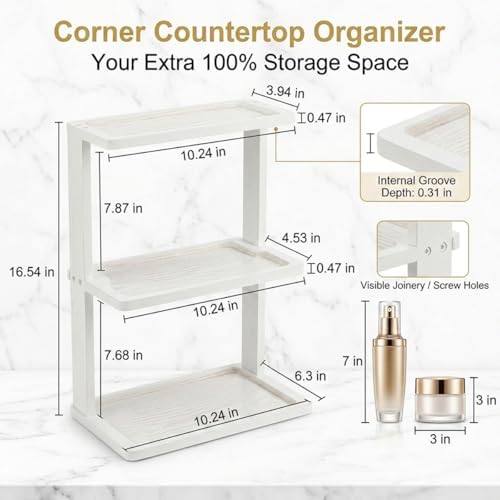 PEKER Bamboo Bathroom Organizer Countertop – Vanity Storage Shelf for Makeup, Perfume, Skincare – Natural Cosmetics Display Rack for Dresser, Sink, Kitchen – White - Image 3