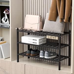 Dranixly Shoe Rack, 3-Tier Bamboo Stackable Shelf Storage Organizer, Stand for Closet, Entryway, Hallway, Bathroom and Living Room（Black）