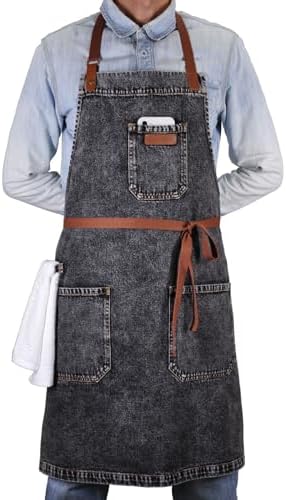 Black Denim Grill Apron with Pockets & Towel Loop for Men Women by DingSayTrendy