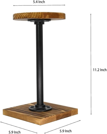 Owlgift Rustic Burnt Wood Hat Stand and Wig Display Rack, 2pcs 11.2” Hat Stands with Industrial Metal Pipe for Display, Square Barbell Base Display, Hat Rack Stand for Display Jewelry Watch Ring Bracelet Helmet