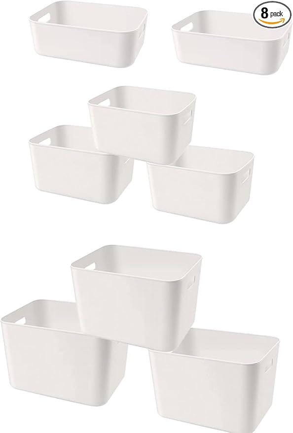 Set Of 8 Plastic Storage Bins,Versatile Kitchen Pantry Organization and Storage,for Plastic Storage Container Under Bed,Under Sink Bathroom Organizer (White, 8 Pack