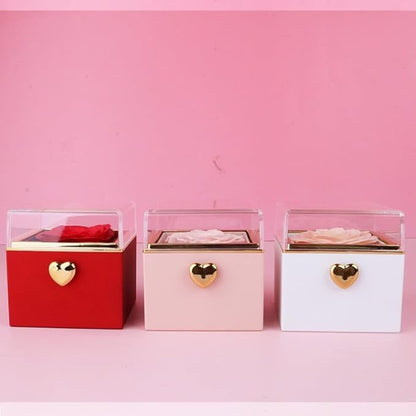 Magic Flip Jewelry Carousel with Heart Button Surprise, Rotating Transparent Gift Box - Bear Cake or Flower Design Organizer for Necklaces & Rings, Birthday Mothers Day Gifts for Women (Pink Flower)